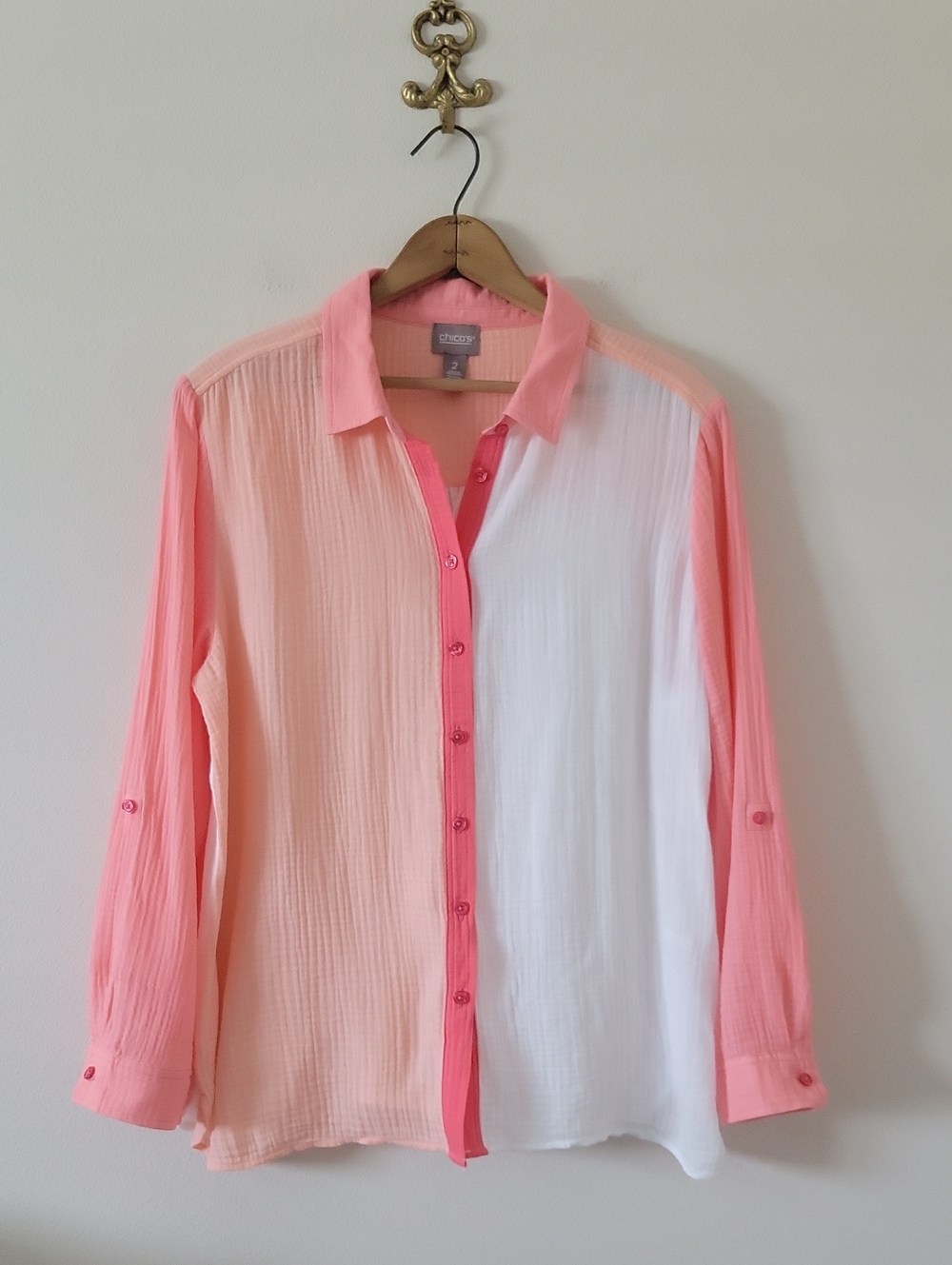 Chico's Colorblock Gauze Long Sleeve Button Down Size Large